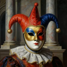 a baroque neoclassicist close - up portrait of a jester wearing a colorful retrofuturistic venetian mask, large marble architecture in background. renaissance portrait painting. highly detailed science fiction painting by norman rockwell, frank frazetta, and syd mead. rich colors, high contrast, gloomy atmosphere, dark background. trending on artstation
