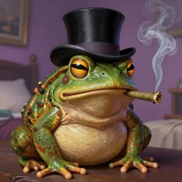 close portrait with the creature, a toad with a top hat, smoking weed, vaporwave, bedroom, highly detailed, digital painting, artstation, concept art, smooth, sharp focus, illustration, art by artgerm and greg rutkowski and alphonse mucha