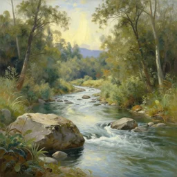 a beautiful landscape, river, rocks, trees, by thomas kinkade