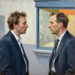 portrait of two men talking highly detailed oil painting by francis bacon, edward hopper, adrian ghenie, glenn brown, soft light, 4 k, blue orange and white,