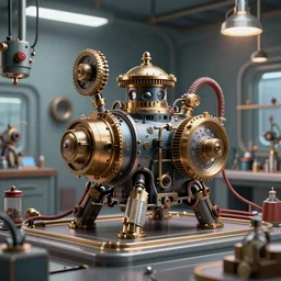 3D photorealistic render of a steampunk 👾 connected trough wired, on a advanced lab, octane render, 4k, unreal 5, very detailed, trending on artstation