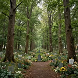 A memorial grove of trees of various sizes dedicated to missing people, plaques, solemn, flowers game art matte painting hyperdetailed, artstation, cgsociety, 8k, surreal dream landscape