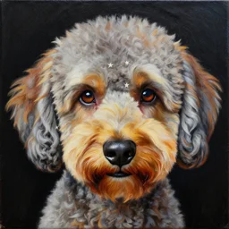 intricate five star maltipoo facial portrait by casey weldon, oil on canvas, hdr, high detail, photo realistic, hyperrealism, matte finish, high contrast, 3 d depth, centered, masterpiece, vivid and vibrant colors, enhanced light effect, enhanced eye detail, artstationhd
