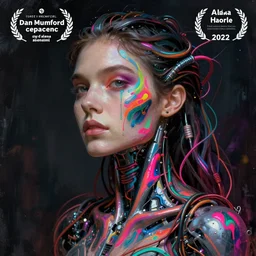 intricate portrait of a cyborg woman with twisting wires and dripping neon paint, by dan mumford and alena aenami