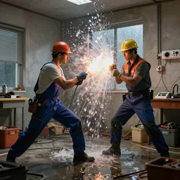 epic fight between plumber and electrician in a room, dramatic, dynamic, flares, water, cinematic