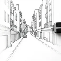 a wb plotter drawing 3 / 4 city street, white and black, one single line drawing, clear line art, few parts are low poly, very contrasted, black ink, smoke and fog around, close up view - n 4