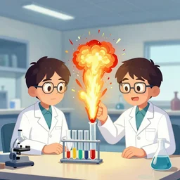 cartoon of 2 lab science students at internship looking at an explosion in a test tube, realistic