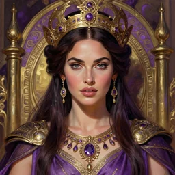 portrait of megan fox as a queen, throne, jewelry, greek, violette, intricate, headshot, highly detailed, digital painting, artstation, concept art, sharp focus, cinematic lighting, illustration, art by artgerm and greg rutkowski, alphonse mucha, cgsociety