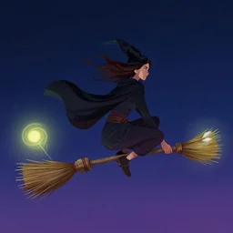 witch riding magical broomstick looks like an arrow against the night sky