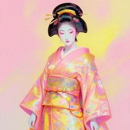 a futuristic female geisha warrior in komono by cy Twombly and BASTIEN LECOUFFE DEHARME, pink and yellow, iridescent, volumetric lighting