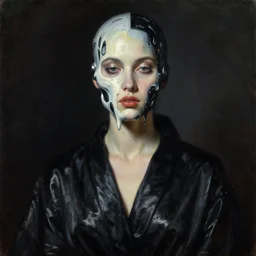 hyperrealism mixed with classicism, oil painting, close - up portrait of fashion model, looking at melting cyborg face, fully clothes in black reflect robe, complete darkness, in style of classicism mixed with 8 0 s sci - fi hyperrealism