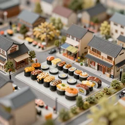 miniature town made of sushi, tilt shift photography, diorama picture, 5 5 mm