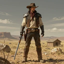full body character portrait of a post - apocalyptic gunslinger / knight in the style of wild west art in the style of high fantasy art trending on artstation deviantart pinterest detailed realistic hd 8 k high resolution