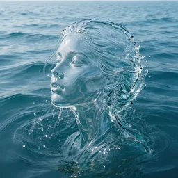 water artwork manipulation in the shape of a beautiful female head, on the ocean water, ray tracing, realistic water sharp focus, long shot, 8 k resolution, cinematic, amazing water art, hyper realistic