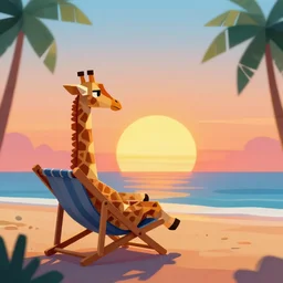 low poly retro wave sunset with a giraffe relaxing on a lawn chair on the beach looking off into the sunset
