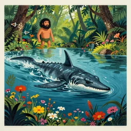 risograph, painting of a prehistoric caveman, thick jungle, wild flowers, vivid colors, swimming to escape plesiosaurus by moebius and lehr paul and kim jung gi