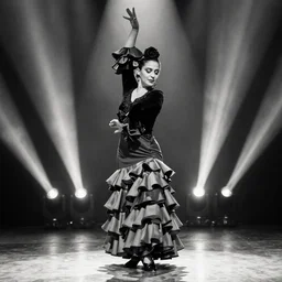 a female flamenco dancer with elaborate dress on stage with spotlights from behind b/w style