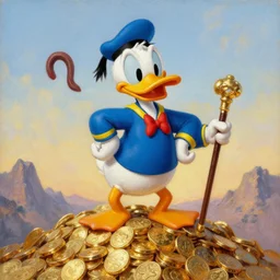 Scrooge McDuck from the Duck Tales in blue costume standing on a mountain of gold and holding a cane, view from below, oil painting, highly detailed
