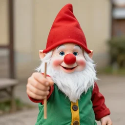 friendly clown gnome sticks out his hand into the camera