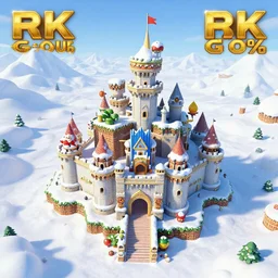 3D Mario 64 castle aerial view, 4k, 100% snow