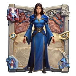 Symmetrical full body Hearthstone official professional art, with realistic beautiful body & face & eyes. Every following words is important: A female mage with a blue robe. Completly coherent and well drawned physical body parts, ArtStation. 2 arms with very detailed hands with 5 coherent fingers.