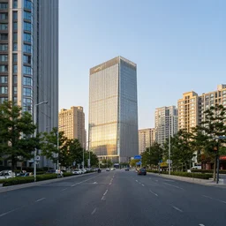 street view of highly - developed city, golden hour