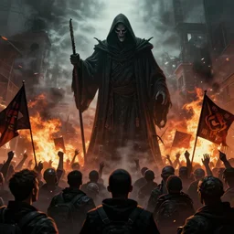 photoillustration of a tall sinister looking grim reaper looming over angry mob, violent protest, riot, flags slogans fire smoke flares, establishing shot, hyper detailed, realistic, cinematic, anamorphic