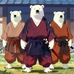 polar bears dressed as Japanese ronin in feudal Japan, anime style