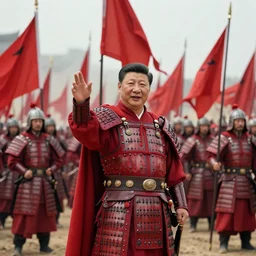 mid shot cinematic artwork of a President Xi commanding an ancient Chinese army wearing red armor and holding red flags on the battlefield by greg rutowski, masterpiece, 4k