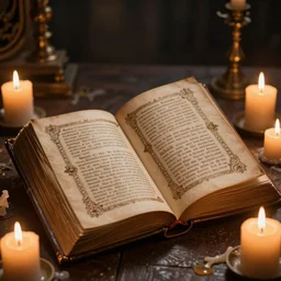 an ancient, open grimoire surrounded by melting candles, volumetric lighting, 8 k octane beautifully detailed render, post - processing, extremely hyper - detailed, intricate, epic composition, cinematic lighting, masterpiece, trending on artstation, stunning art by anders zorn, by greg rutkowski, beautiful cinematic light