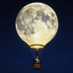 a huge hyperrealistic detailed, glowing 3 d moon hot air balloon tied to a woman, in a night sky, realistic painting by mucha and kuvshinov and bilibin, karol back, barclay shaw