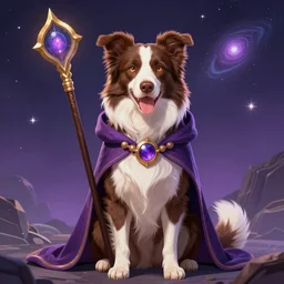 brown border collie dog as a mystical universe warrior, wearing a mage costume, digital art