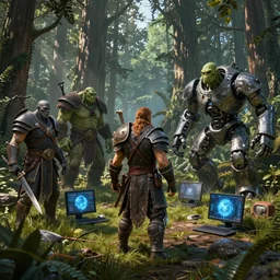a forest with warriors, orcs, robots, computers, unreal engine, high detailed, octane render