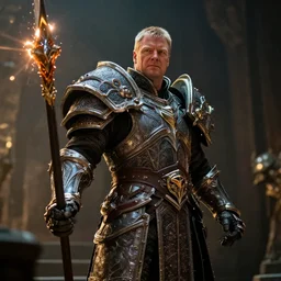 nigel farage as a paladin in world of warcraft, splash art, movie still, cinematic lighting, dramatic, octane render, long lens, shallow depth of field, bokeh, anamorphic lens flare, 8 k, hyper detailed, 3 5 mm film grain