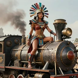 movie frame with female riding on top of the steam punk train, provocative, armor inspired ancient aztecs and fashion, symmetrical face, epic, perfect body, award winning, establishing shot, extremely high detail, photorealistic, octane render