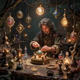 urban fantasy digital art of a modern tinkerer fashion designer tech savy sorcerer in his workshop assembling many talismans and amulets in an insanely detailed chaotic ritual experiment