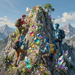portraits of adventurers climbing a mountain made of rainbow gemstones and crystal and glass, refraction and reflection, iridescent, lush and overgrown, fantasy, avatar movie, intricate, elegant, highly detailed, digital painting, artstation, concept art, matte, sharp focus, illustration, art by ruan jia and conrad roset and bouguereau,