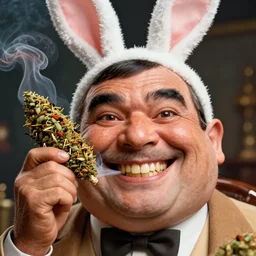 hyper realistic, close up portrait of a mega derpy mr. bean, big chungus, with bunny ears, smoking massive amounts of weed, big smile, chunk teeth, by greg rutkowski, scott m fischer, artgerm, loish, slight glow, atmospheric, anne stokes, alexandros pyromallis, 4 k, 8 k