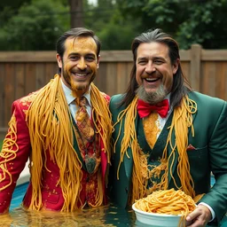 ( vinesauce joel ) and ( hulk hogan ) both covered in pasta, fancy suits, couple's photo, 4 k, 8 k, spaghetti noodles, kiddie pool, iso 6 0 0, laughing, smiling, puking