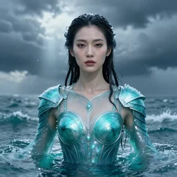 armor made of water, liquid, woman, solemn, female, rising up from ocean, water armor, high detail, high contrast, close up portrait, studio lighting, stormy seas, beautiful, bokeh, snowy, storm clouds, god rays, d & d, fantasy, elegant, aquamarine color palette, concept art, roger deakins and greg rutkowski and alphonse mucha