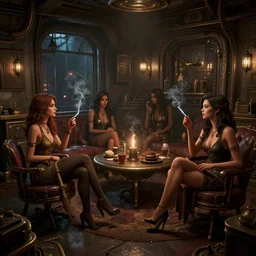 beautiful women in the interior of a steampunk apartment, by Greg Rutkowski and Joe Madureira, 3d scene, render, ultra realistic, ray tracing, night time, volumetric light, smoking cigarettes, artstation, cgsociety, level design, unreal engine, zenith view