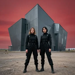 photograph of 2 women wearing black techwear in front of a brutalist sharp - edged metal building, on a desolate plain, red eerie sky, sigma 8 5 mm f / 1. 4, 4 k, depth of field, high resolution, 4 k, 8 k, hd, full color
