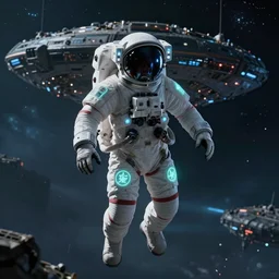 hyper realistic wide view, occult cosmonaut with glowing magic symbols on his suit, highly detailed octane render 4k, floating in space with a huge metaphysical spaceship in the distant background, horror, despair, frightening
