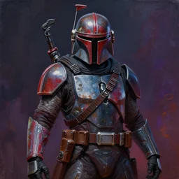 portrait of apocalyptic demonic mandalorian, cool pose, dark vibrant colors, futuristic cyberpunk fashion, oil painting by michael whelan art, sharp focus, realistic, rusty helmet, octane render, 8 k