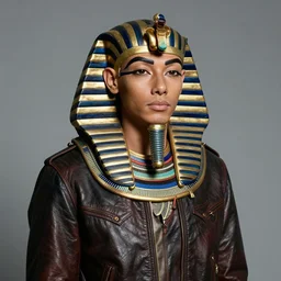 A pharaoh wearing a leather jacket, portrait, by Derek Ridgers, Richard Avedon, Mario Testino
