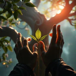 close up of warrior hands picking a leaf from the bodhi tree : 6 character design : 2 midnight, illusion, stunning, breathtaking, majestic, asian fantasy, digital render, line art, unreal engine, de - noise, 8 k, volumetric lighting, symmetrical, pronounced features, detailed contrast, scattered mist, glow 3 d alejandro alvarez alena aenami artworks in 4 k beep