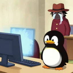 windows computer attacking the linux penguin while gumshoe from ace attorney watches from afar crying