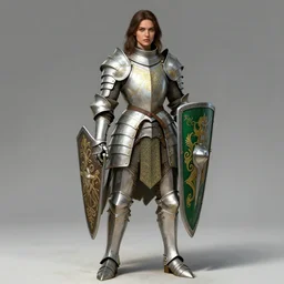 full body portrait of a rugged female warrior medium length brown hair and a very highly detailed face wearing elegant white, green and gold plate mail armor intricately painted, holding a rectangular tower shield, very highly detailed, artstation, cgsociety, realistic character concept art, sharp focus, by greg rutkowski, wlop, and alphonse mucha