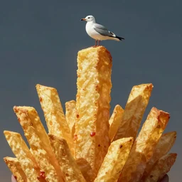 a seagull sitting atop a towering monolith of french fries