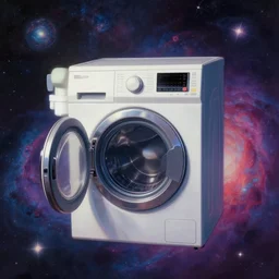 a demonic washing machine floating in space with psychedelic galaxy background. 4k wallpaper. Digital painting by Rockin Jelly Bean, Peter Max, Alex Grey